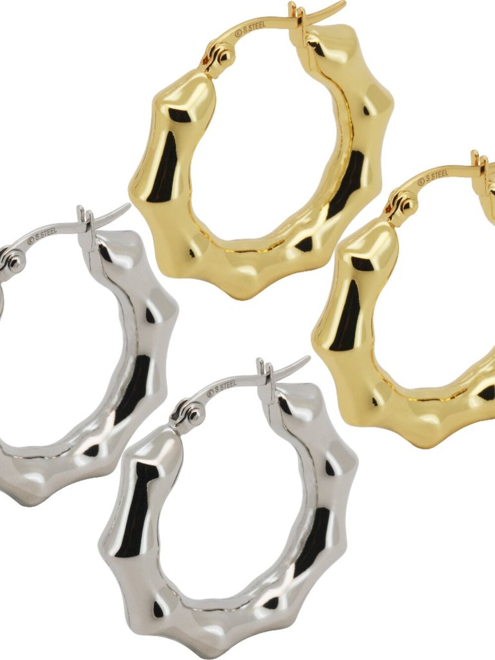 316L Stainless Steel 18k Gold Plated 6-7mm x 30-50mm Chunky Bamboo Hoop Earrings